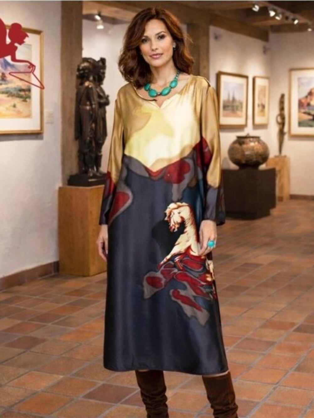 Neiman Marcus Multicolor Printed Long Sleeve Dress with Red Accents - 1826